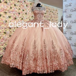 Rose Pink Princess Quinceanera Dresses 2023 Pärled Tassel Gillter Applique Lace-Up Corset Vestidos Debutantes 15 ANOS