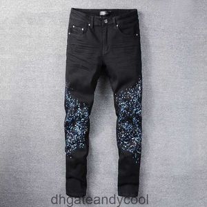 Amirres Jeans Designer Pants Man The New Fashion Brand Washes Denim Water Black Old Holes Splash-ink-ink Spray Paint Slimmingストレッチジーンズメンズハイ4VVN