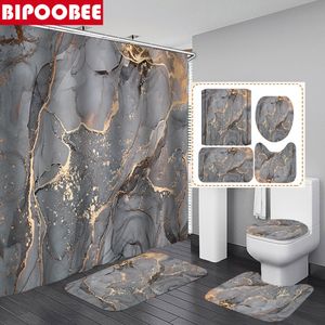 Duschvorhänge, abstrakter Marmor-Vorhang, Crack-Gold-Textur, luxuriöser Steinkorn-Badezimmer-Toilettenbezug und Badematte, rutschfester Teppich 230518