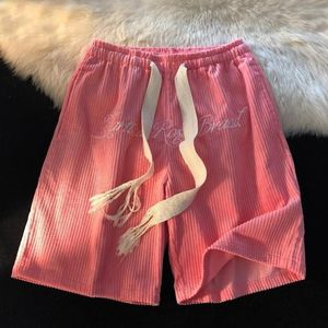 Capris Pink Embroidered Drawstring Fivepoint Pants Summer Couple Hip Hop Street Corduroy Shorts Retro New Casual Loose Sweatpants 2022