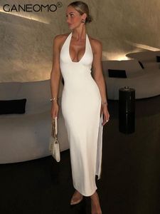 Basic Casual Dresses White Halter Backless Bodycon Slit Prom Maxi Dress Women Summer Elegant Birthday Party Night Evening Ladies Tight Long Dresses 230519