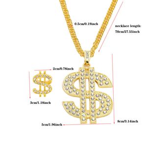 Collana con ciondolo a forma di simbolo del dollaro con strass Anello Set Collana in oro 24k Segno di ricchezza estiva Gioielli hip-hop Rap Bling