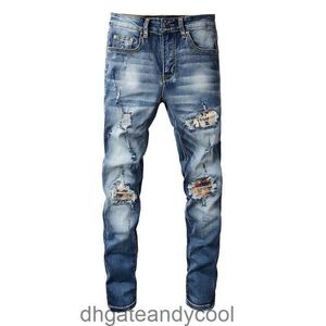 Mode jeans designer byxor man amr high street denim märke amirres 861 populära smala elastiska knivskurna hål mönster totem lapp smal passform mager jeans man f suf1