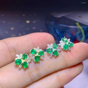 Stud Earrings Style Green Natural Emerald Gemstone For Women With Silver Jewelry
