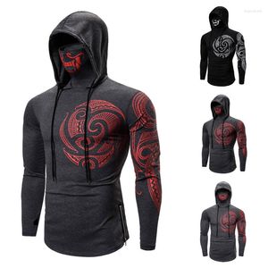 Men's T Shirts 2023 Grey Stretch Fitness Suit For Men Hooded Long Sleeve T-shirt Tattooed League Mask
