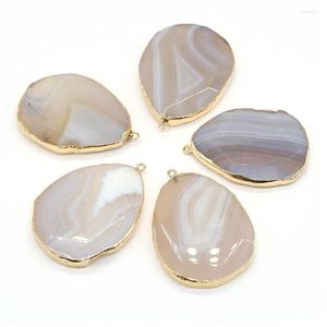 Pendant Necklaces Natural Stone Oval Shape Gilt Edge Grey Agate Charms For Diy Bracelets Jewelry Making Accessories Size 40X55Mm Dro Dhb0E