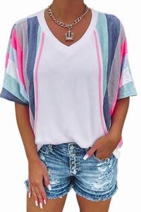 T-shirt con scollo a V patchwork a righe bianche 2023 Hot New j94h #