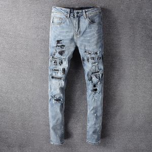 Mens Jeans Luz Indigo Danificado Buracos Com Strass Slim Fit Rasgado Streetwear Moda Skinny Stretch Angustiado Destruído 230518