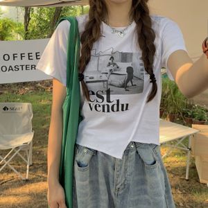 女性のTシャツステッチパターン夏の短いトップ女性非対称TシャツOネックホワイトショートスリーブTシャツY2Kスリムストリートウェアトップ230518