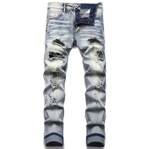 Herren Jeans Retro Blau Zerrissene Trendy Stretch Slim Hosen Hohe Qualität Vielseitige Männer Hosen Mode Gedruckt Katze Bart 230518