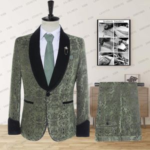Men's Suits 2023 Men's Luxury Blazer Costume Stage Jacket Suit Male Velvet Black Shawl Lapel Light Green Thread Embroi 2Pieces Trouse