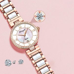 Wristwatches Elegant Ceramic Ladies Watches 3Pin Quartz Women Watch Luxury Steel Gold Bracelet Diamend Twinkle