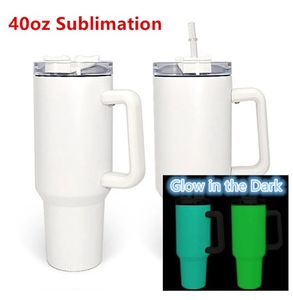 40OZ Sublimation Glow in The Dark Tumblers mit Griff doppelwandige vakuumisolierte Reisekaffeetassen DIY weiße leere Tumbler B0050
