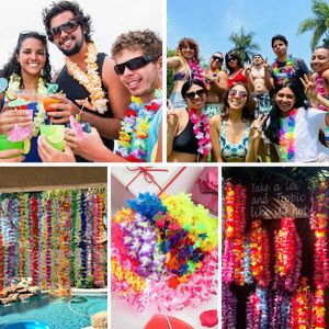 36/42 PCS Hawaiian Leis Necklace Polyester Tropical Flower Necklace Tropical Luau Rainbow Garlands Party Artificial Decorations G230518