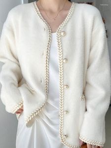 Giacche da donna Cappotto allentato casual in cashmere vintage Donna Primavera Autunno Cardigan lavorato a maglia morbido bianco Moda femminile Manica lunga Elegante