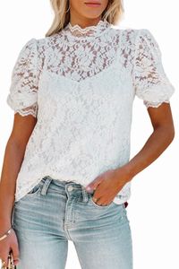 White High Neck Lace Manga curta Top 2023 HOT NOVO W1IA#