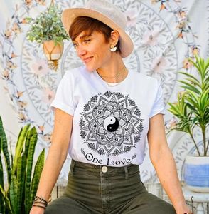 T-shirt da donna T-shirt Y2k con stampa mandala estiva da donna One Love Letters T-shirt a maniche corte Yoga Abbigliamento sportivo casual Vestibilità ampia