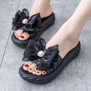 Platform Slippers Women's Summer Cute Bow Indoor Quiet Anti-Slip Outdoor Beautiful Deodorant Massage Beach Sandals