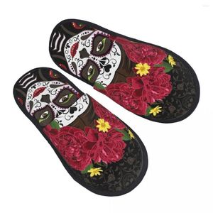 Slippers Indoor Santa Muerte com peônias Calavera Catrina Day of the Dead Warm Winter Plexh Home Fluffy