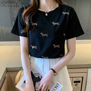 Women's T-Shirt Summer 2021 Short Sleeve T-shirt Women Cute Dachshund Beading Diamonds Casual Tops Tees White Black S-XXL T16701AL230519