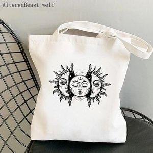 Alışveriş çantaları kadın alışveriş çantası güneş ve ay baskılı kawaii harajuku tuval kız çanta tote omuz bayan