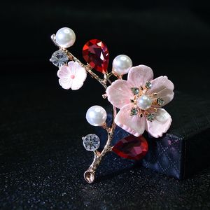 New Shell And Pearl Flower Brooches For Women Elegant Fashion Vintage Pin Red Crystal Brooch Wedding Jewelry Accessories Gift