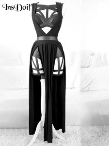 Suits InsDoit Gothic Club Sexy Summer Skirt Set Women Sleeveless Black Corset Crop Top Bandage Underpants Mesh Split Skirt 3pcs Sets