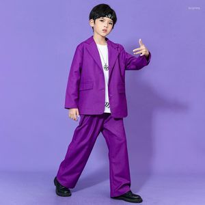 Scenkläder moderna danskläder för flickor hiphop kostym pojkar konsert lila kostym långärmad kappbyxor barn mode kpop outfit bl8922