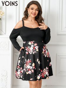 Plus storlek klänningar yoins plus size kvinnor elegant miniklänning sexig av axel långärmad lapptäcke party mantel casual tryckt bohemian vestido 230519