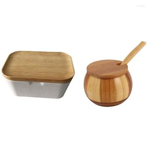 Storage Bottles Kitchen Bamboo Natural Salt Shaker Household Spice Bottle With Butter Dish Box Container Wooden Cover