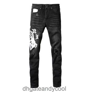 Desen denim amirres kot tasarımcı pantolon adam moda yüksek cadde nakış kırık delik yıkama elastik ince fit slp siyah skinny jeans erkek pusv