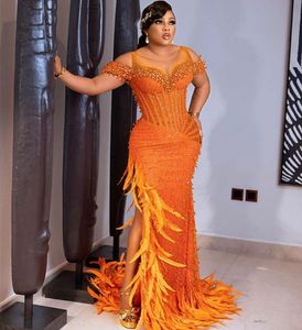 2023 May Aso Ebi Ebi Orange Mermaid Prom Dress Crystals Crystals Feather Evening Festa formal Festa de segunda recepção Vestidos de noivado de aniversário Robe de Soiree ZJ275