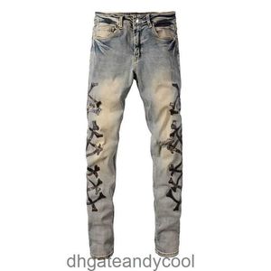 Street Man Denim Bone Amirres High Jeans Camuflagem Designer com Calças Faca de Couro Corte Buracos Lavados em Jeans Velhos Homens Ins Marca de Moda Leggings SZ4P