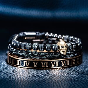 Chain Luxury 3PCSset Skull Charm Black Bracelet Black Aço inoxidável homem esmalte o número romano Bangles Europa Jóias de casal de moda 230518