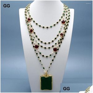 Pendant Necklaces Guaiguai Jewelry Natural 5 Rows White Pearl Red Gold Crystal Bezel Green Chain Statement Necklace Jades For Women Dhheo