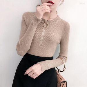 Kobiety swetry damskie jesień i zima w stylu koreański szczupły fit pullover długi rękaw okrągła szyja suwak sweter dzianinowy top b