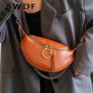 Evening Bags SWDF Brands Chain Waist Belt Bag for Women Leather Crossbody Chest Banana Fashion Phone Purses Ladies Fanny Pack 23519