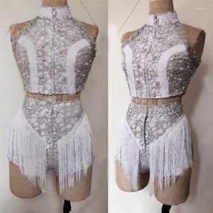 Stage Wear Jazz Dance Clothing Festival Outfit Women Diamond Pearls Top Fringed Shorts Gogo Costume Performance XS6284
