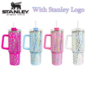 스탠리 로고 레오파드 퀀처 커피 머그컵 뚜껑과 밀짚 야외 캠핑 컵 Shinny Leopard 40oz 스테인레스 스틸 머그잔