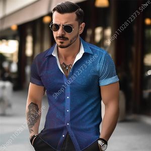 Camisas casuais masculinas 2023 camisa curta para homem 3D Manga de impressão azul vintage Homens de luxo de grandes dimensões verão