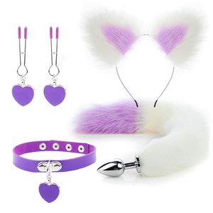 Vuxen leksaker Anal Sex Tail Butt Plug Sexig Plush Cat Ear Headband med Bells Necklace Set Massage Toys For Women Couples Cosplay 230519