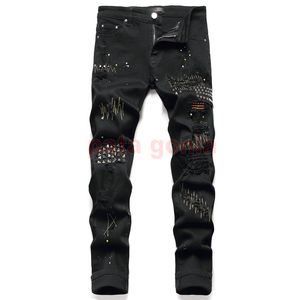 Mens Designer Jeans Fashion European America Style Jean Hombre Letter Star Embroidery Pants Patchwork Ripped For Motorcycle Pant Mens Skinny