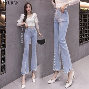 Jeans koreanska vårens hösten söt hög midja split denim byxor kvinnor elegant chic pärlpärlor stövel snitt byxor vintage fairy jeans