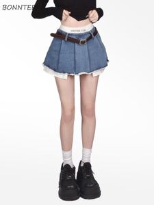 Skirts Fake Two Pieces Denim with Lining Women Mini Summer Chic Sexy Girls Preppy Ulzzang Ins Pleated Irregular Y2k Streetwear 230519