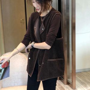 Women's Vests Sleeveless Women Patchwork Loose Female Warm Elegant Lamb Wool Waistcoat Office Ladies Tweed Coats G19