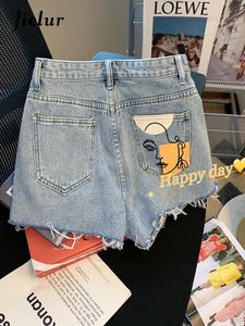 Jielur Hight Straße Lose Ripped frauen Gerade Hohe Taille Druck Denim Shorts Frauen Blau Kurze Jeans Weiblichen Sommer SXL