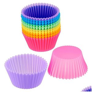 Cupcake 12Pcs Sile Cake Mold Round Muffin Baking Molds Reusable Diy Decorating Tools Christmas Party Supplies Drop Delivery Dh3Tb