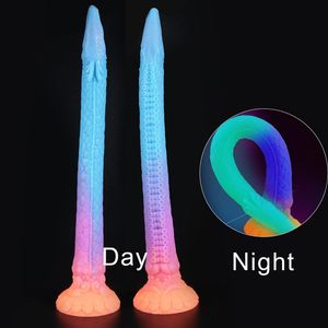 Brinquedos adultos super longos plug luminous vibrador anal colorido glowin dragon vibrões para mulheres macios butplug com copo de sucção sexo 230519