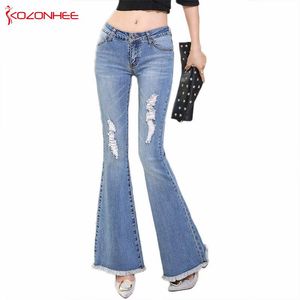 Kozonhee Tassel Hole Ripped Flare Long Bellbottoms Stretching Girls Trousers for Women Jeans Stor storlek