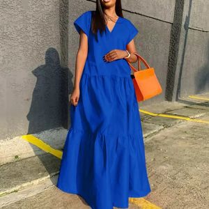 Basic Casual Dresses Lady Folds A-Line Dresses Vestido Fashion Loose Short Sleeve Solid Color Long Dress Women Summer Casual Simple V-Neck Maxi Dress 230519